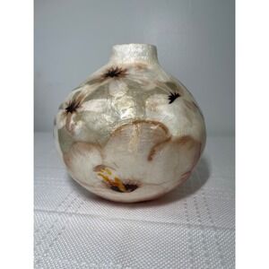 Handcrafted CAPIZ Shell VASE Hibiscus Flower-Red‎ Green Yellow White Shimmer
